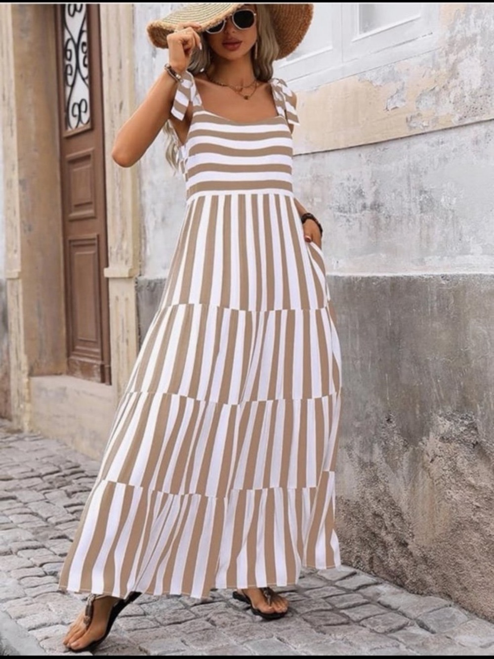Striped Tie-Shoulder Maxi Dress in Beige & White